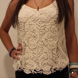 Cream laced-front tank top